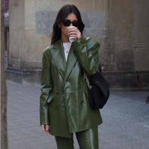 Zara viral olive green vegan leather double breasted blazer jacket – XS